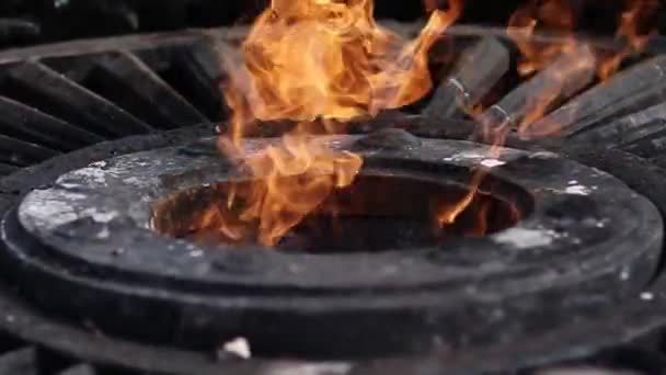 Närbild av en stark eldslåga brinner i en metallbrännare. Minnesmärke över krigssegerdagen — Stockvideo