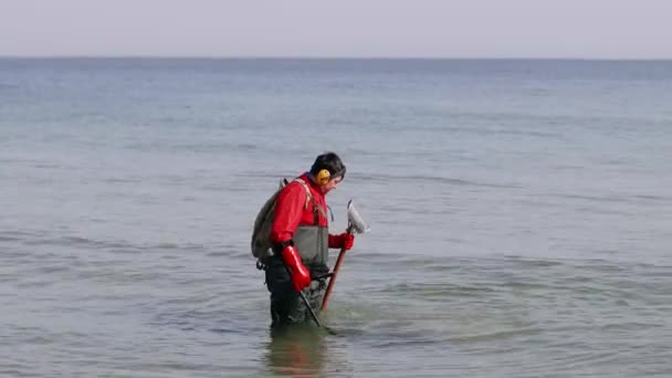 Schatzsuche im Meer mit Metalldetektor. — Stockvideo