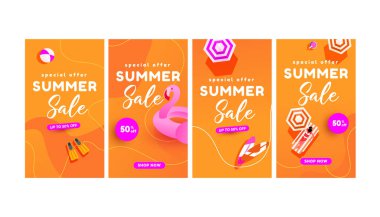 Summer hot season discount posters set for social media stories sale, web page, mobile phone. Online shopping promotional.