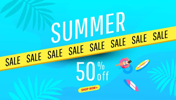 Banner de venta de verano de fin de temporada en colores brillantes de moda con hojas tropicales y texto de descuento. Ilustración del vector de promoción — Vector de stock