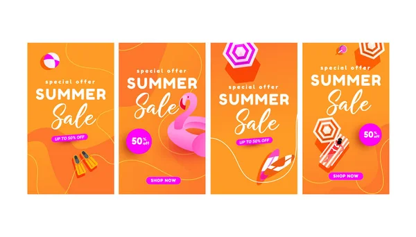 Zomer hete seizoen korting posters set voor social media verhalen verkoop, webpagina, mobiele telefoon. Online winkelen promotie. — Stockvector