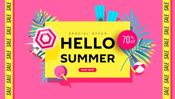 Hello Summer Salg Banner Mal Design Vektor Illustrasjon Sesongtilbud Promotering – stockvektor