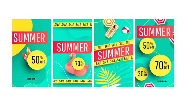 可编辑销售夏季横幅故事模板包与海滩配件 绿色热带棕榈明亮的形状背景 — 图库矢量图片
