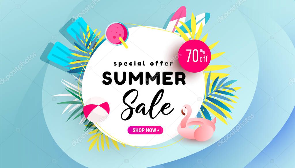 Summer Sale banner, hot season discount poster with flamingo and refreshing cocktail on sea blue background for seasonal offer, promotion, advertising.