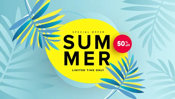 Sommar Försäljning Banner Med Tropiska Blad Bakgrund För Säsong Erbjudande — Stock vektor