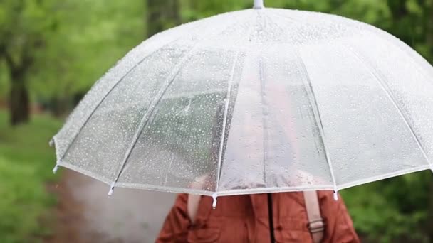 Nő fényes átlátszó esernyő eső alatt az utcán, közelkép — Stock videók