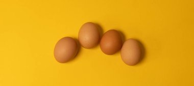 Sarı arka planda çiğ Paskalya tavuğu yumurtası. Doğal sağlıklı organik gıda. Üst görünüm, düz görünüm, kopyalama alanı.