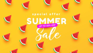 Summer Sale with sliced watermelon elements banner on colorful yellow background for store marketing promotion.