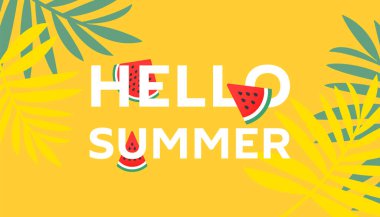 Hello summer sale banner design with tropical leaves watermelon slices on yellow background with copy space for store marketing promotion.