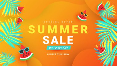 Summer sale layout poster banner with ripe watermelon slices pattern and tropical leaves on orange background