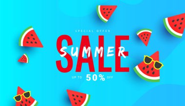 Bright summer discount sale banner background with ripe watermelon slices pattern on blue background with copy space for store marketing promotion.