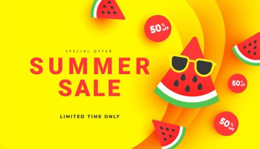 Bright summer discount sale banner background with ripe watermelon slices pattern on yellow with copy space for store marketing promotion.