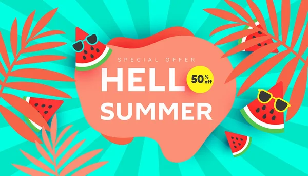 Hello summer sale banner design with tropical leaves, ripe watermelon slices on striped green background for store marketing promotion. — ストックベクタ