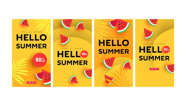 可编辑的夏季销售横幅故事模板包与切片西瓜元素 最小形式液体的社交媒体 — 图库矢量图片