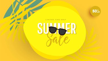 Trendy sale banner template design special offer with text and sunglasses on yellow background. Promotion banner for seasonal offer, promotion, advertising.