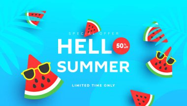 Hello Summer sale vector illustration with tropical leaves, ripe watermelon slices pattern background. Promotion banner for website, flyer and poster. Vector illustration