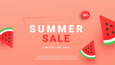 Summer sale vector illustration with red watermelon slices pattern background. Promotion banner for website, flyer and poster. Vector illustration