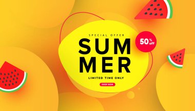 Summer sale special offer banner with watermelon slices pattern and bubble elements on yellow background for store marketing promotion.