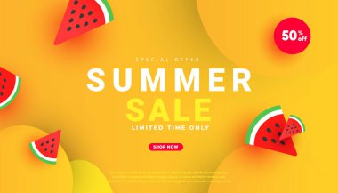 Trendy sale banner template design special offer with text and red watermelon slices pattern on yellow background. Promotion banner for seasonal offer, promotion, advertising.