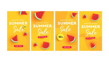 Summer sale banner stories concept with ripe watermelon slices pattern on yellow background with copy space for social media. Colorful design templates