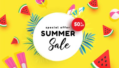 Summer sale vector illustration with tropical leaves, ripe watermelon slice and beach accessories pattern background. Promotion banner for website, flyer and poster. Vector illustration