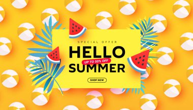 Hello Summer sale vector illustration with tropical leaves,beach accessories, ripe watermelon slices pattern background. Promotion banner for website, flyer and poster. Vector illustration