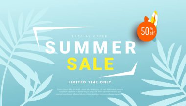 Summer sale vector illustration with tropical leaves and 50 percent discount background. Promotion banner for website, flyer and poster. Vector illustration
