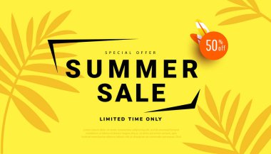 Summer sale banner template design vector illustration for seasonal offer, promotion, advertising. vector illustration with tropical leaves background