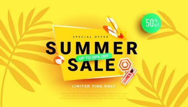 Summer sale banner for seasonal offer, promotion, advertising. Vector illustration with tropical leaves on yellow background