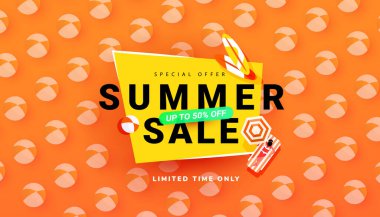 Editable sale summer banner template with beach accessories on bright backgrounds. Promotion banner for website, flyer and poster. Vector illustration