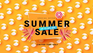 Summer sale banner template with beach accessories on bright backgrounds. Promotion banner for website, flyer and poster. Vector illustration