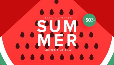 Season summer sale banner, hot season discount poster with ripe watermelon. Promotion banner for website, flyer and poster. Vector watermelon background with black seeds.