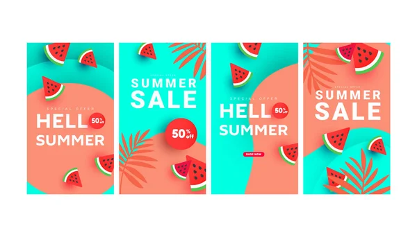 Summer Sale Banner Stories Art Templates Floral Tree Watermelon Slices — ストックベクタ