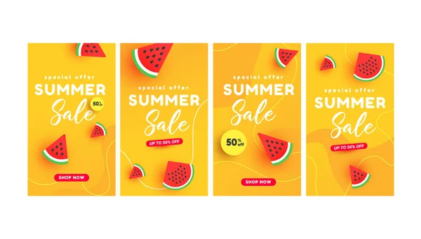 Sommerschlussverkauf Bannergeschichten Konzept Mit Reifen Wassermelonenscheiben Muster Auf Gelbem Hintergrund — Stockvektor
