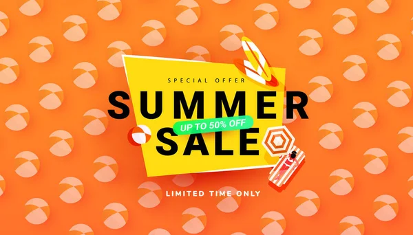 Editable Sale Summer Banner Template Beach Accessories Bright Backgrounds Promotion — Διανυσματικό Αρχείο