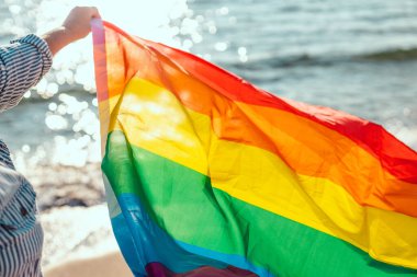 Renkli, aydınlık gökkuşağı eşcinsellik bayrağı rüzgarda, güneşli bir yaz gününde