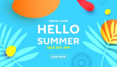 Merhaba yaz indirimi. Sıvı elementler, tropikal yapraklar ve baloncuk formlarıyla düzenlenebilir afiş. Broşür, davetiye, poster, web sitesi ya da tebrik kartı..