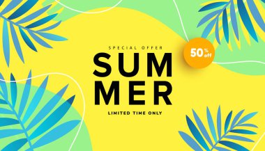 Summer sale editable template banner with fluid liquid elements, tropical leaves and bubble forms on green background with copy space for banner, greeting card, poster and advertising clipart