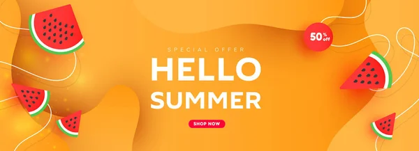 Hello Summer Sale Theme Banner Design Tropical Leaves Ripe Armelon — стоковый вектор