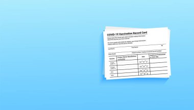 Mavi arka planda Coronavirus aşı kayıt kartı. Seyahat ve sınır tanımayan hareketler için kopyalama alanı var. Coronavirus covid 19 salgını sırasında aşı formu.