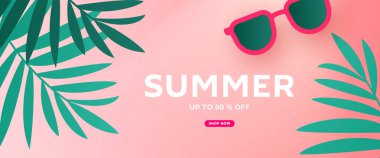 Merhaba, pazarlama promosyonu için pembe arka planda tropikal yapraklar ve plaj güneş gözlüğü aksesuarları olan yaz afişi tasarımı..
