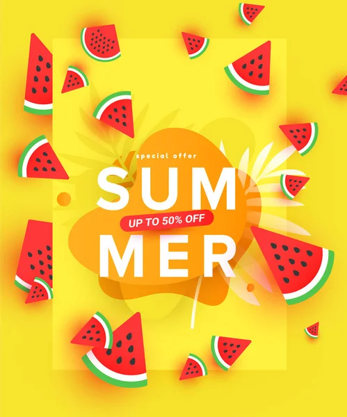 Creatieve Zomeruitverkoop Banner Trendy Heldere Kleuren Met Watermeloen Plakjes Kortingstekst — Stockvector