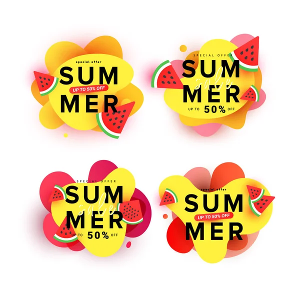 Bright Summer Liquid Shape Banner Set Watermelon Slices Yellow Fluid — Stock Vector