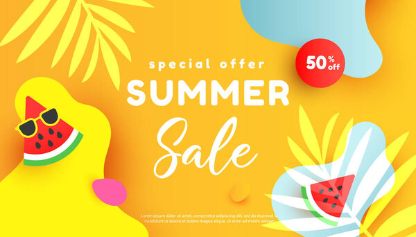 Летняя распродажа редактируемый шаблон баннер с жидкими жидкими элементами, тропические листья, ломтики арбуза и формы пузыря на желтом фоне с копией пространства для баннера, поздравительной открытки, плаката и рекламы