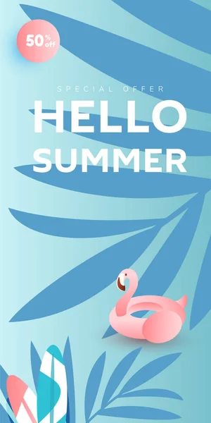 Vertical Summer Banner Design Ocean Tropical Leaves Pink Flamingo Inflatable - Stok Vektor