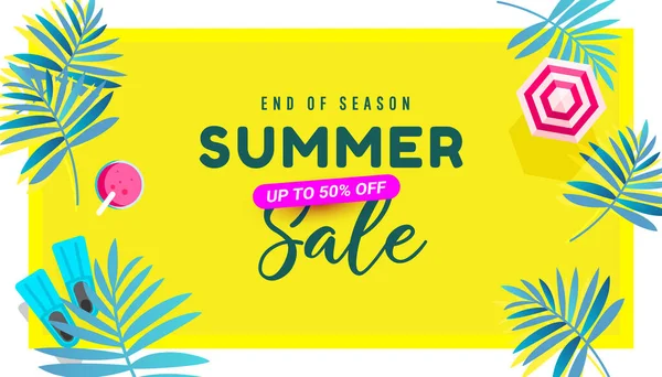 End of season summer sale banner in trendy bright colors with tropical leaves and discount text. Promotion vector illustration