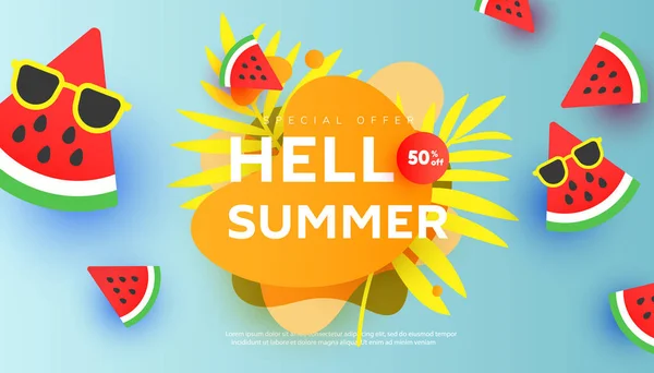 富有创意的夏季销售横幅 风格时尚 热带树叶 西瓜片的蓝色背景极小 — 图库矢量图片