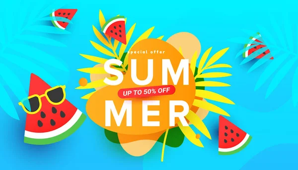 Zomer Verkoop Vector Illustratie Met Tropische Bladeren Rijpe Watermeloen Trendy — Stockvector