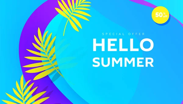 Kreative Hallo Sommerferienverkauf Banner Trendigen Hellen Farben Mit Tropischen Blättern — Stockvektor