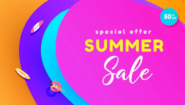 Bright Gradient Summer Percent Discount Banner Fluid Bubble Shapes Colored — Stock Vector